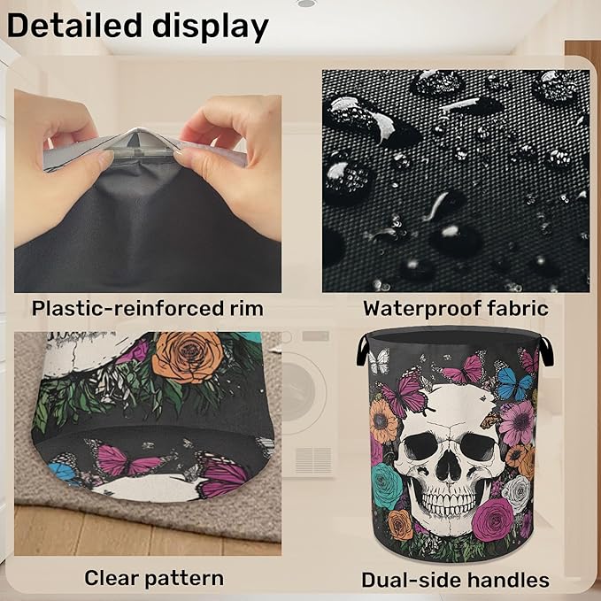 Skull Gothic Laundry Hamper - Foldable Waterproof Fabric Laundry Basket with Handles, Clothes Storage for Laundry,Bedroom,Dorm
