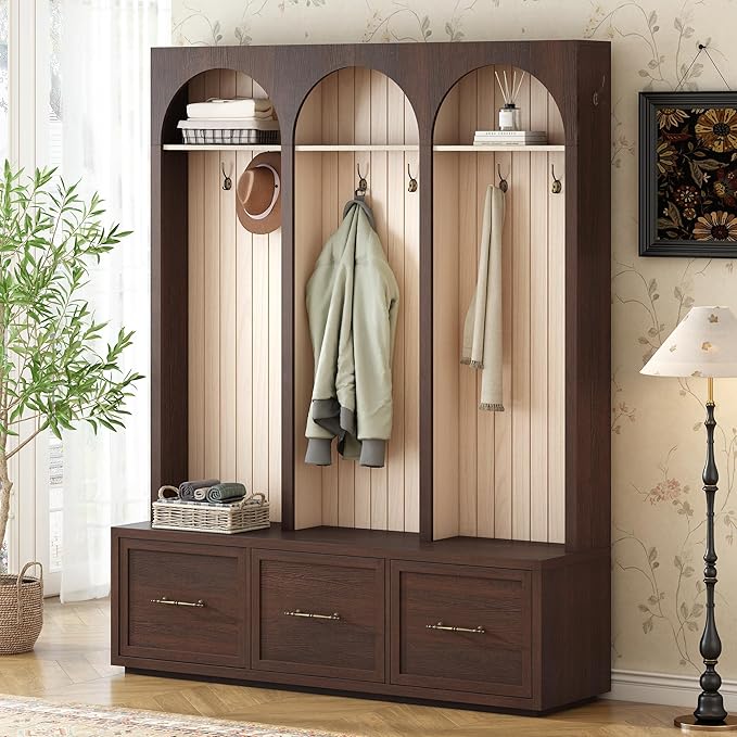 Merax Farmhouse Wood Hall Tree with Shoe Bench and 3 Drawers, 4-in-1 Coat Rack with 8 Hooks for Entrance, Hallway, Mudroom Dark Walnut