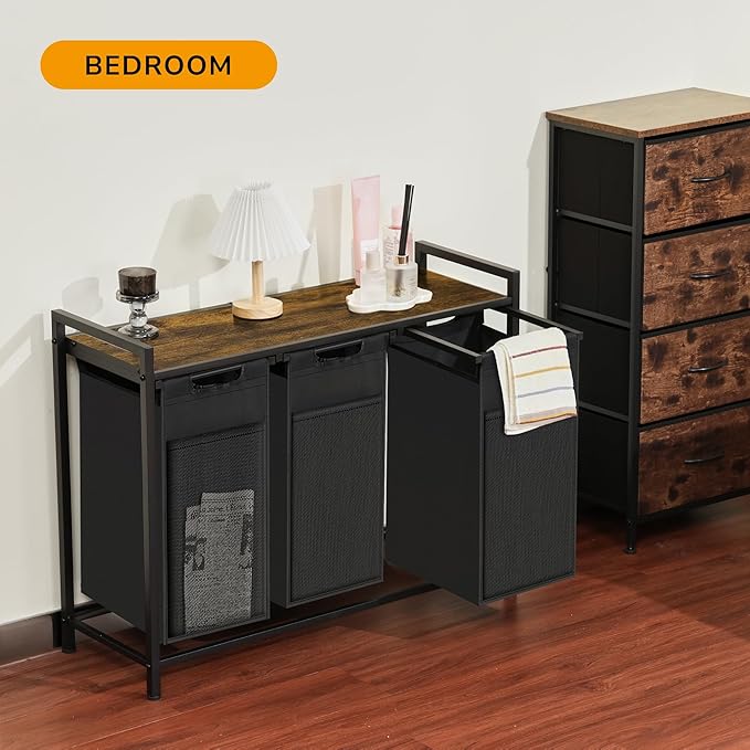 Laundry Sorter, Laundry Basket with 3 Pull-Out Removable Oxford Fabric Bags, 3 x 10.6 Gallons, Total 120L, Cloth Laundry Hamper with a Top Shelf 36.4"x13" (Black and Rust)