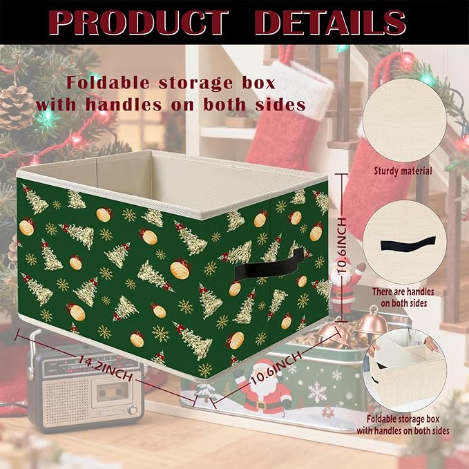Green Christmas Tree Storage Bin Box with Handles, Snowflake Red Bow Bauble Ball Holiday Winter Christmas Foldable Organizer Basket Toybox for Home Bedroom Bathroom Clothes Toys Books