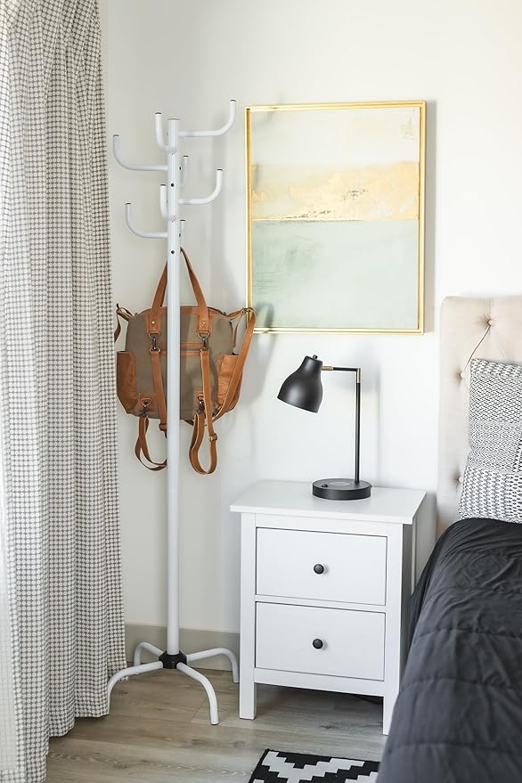 White Coat Rack-8 Hooks Freestanding Metal Coat Stand, Stable Coat Hanger Tree for Bags, Jacket, Clothes, and Hats - Sturdy Metal Construction 19.7x19.7x72.5 in. Entryway Organizer for Home or Office