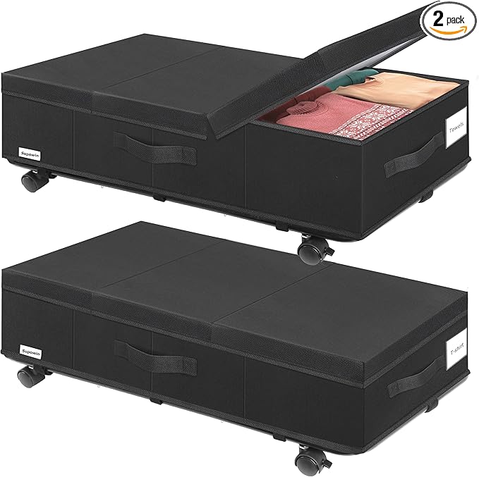 Under Bed Storage with Wheels, Rolling Underbed Storage Containers with Lids, Under Bed Shoe Storage Bins Organizer with Reinforced Metal Bottom Support and Three Handles