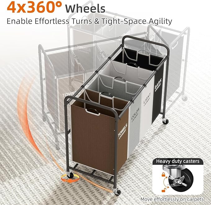 ROMOON Laundry Hamper Sorter Cart: 4-Section Organizer with Heavy-Duty Lockable Wheels and Removable Bags | 172L Rolling Laundry Basket for Dirty Clothes in Laundry Room or Small Spaces (Multicolor)