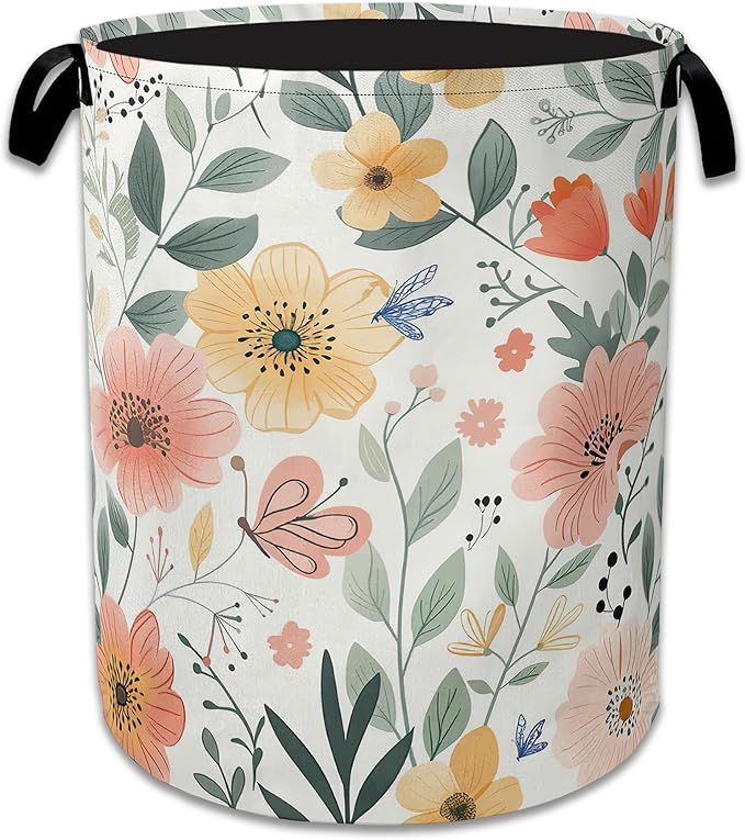 Floral Print Laundry Basket Collapsible Laundry Hamper with Handle, Waterproof Oxford Cloth Storage Bin for Bathroom/Bedroom/Dormitories 16 X 20.8 Inch