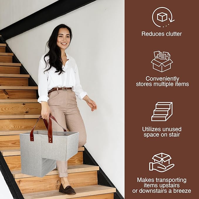 SAM AND MABEL Stair Baskets for Carpeted and Wooden Stairs – 16”L x 10”W x 16”H Foldable Staircase Basket with Handles, Stairstep Storage Organizer for Home and Office Decor (Naturel Beige)