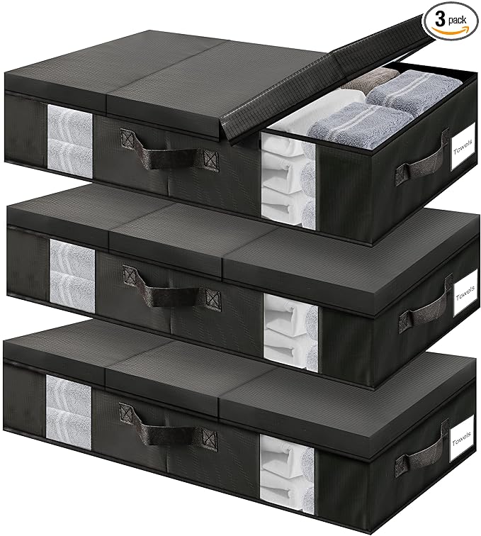 Underbed Storage Containers 3 Pack, Large Under Bed Storage Bins with Lids, Foldable Under the Bed Storage Drawer for Organizing Clothes, Shoes, Blankets, Pillows-PEVA Waterproof Material