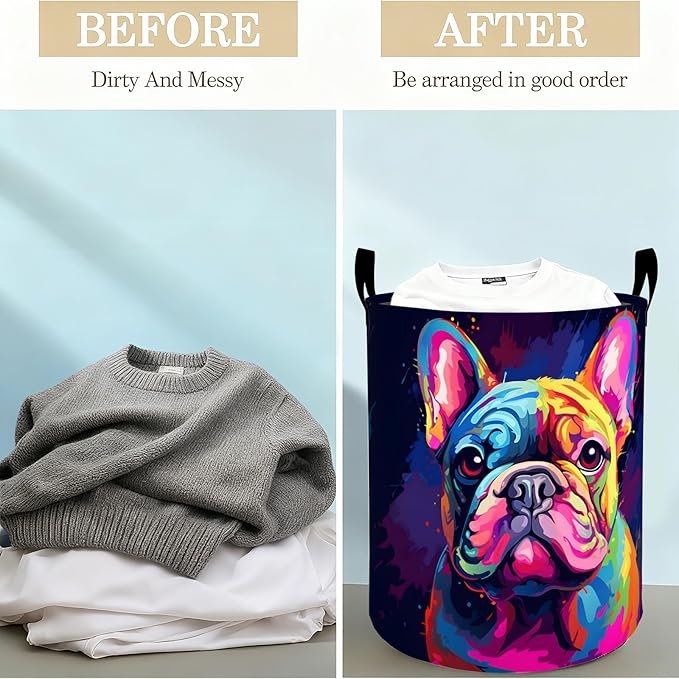 Colorful French Bulldog Laundry Basket Hamper for Boys Girls Kids Adults, Foldable Waterproof Oxford Clothes Storage Bin, Pop Art Dog Organizer for Bedroom Bathroom Room Decor 19.7"x15.8"