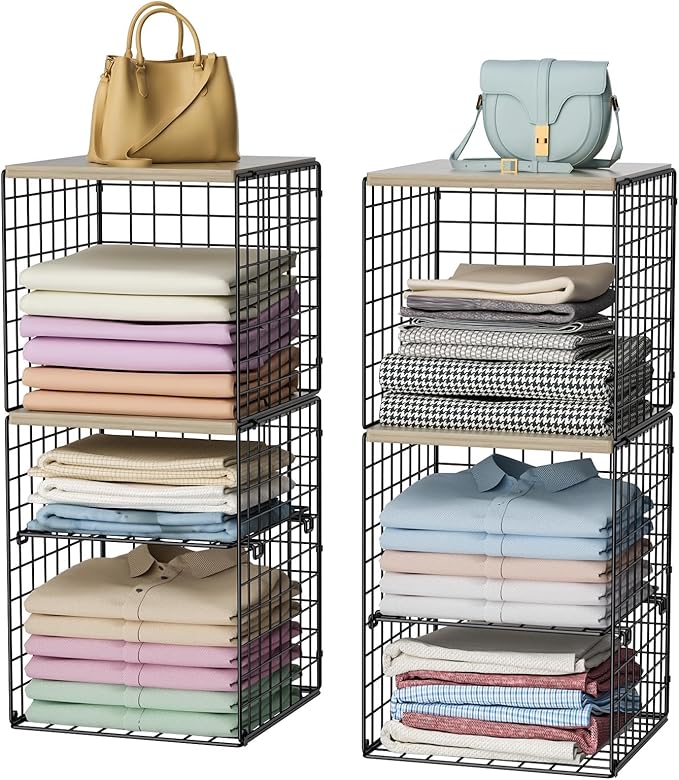 6-Tier Closet Organizers and Storage, Closet Shelves with Adjustable Dividers & Wood Top, Dual-Layer Reinforced Storage Bins, Larger Capacity Clothes Shelf Basket for Closet Organizer System