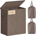 Chrislley 140L Laundry Hamper 2 Section, Double Laundry Basket with Lid, Large Dirty Clothes Hamper with Removable Liner Bags, Collapsible Laundry Organizer for Bedroom, Dorm,Brown