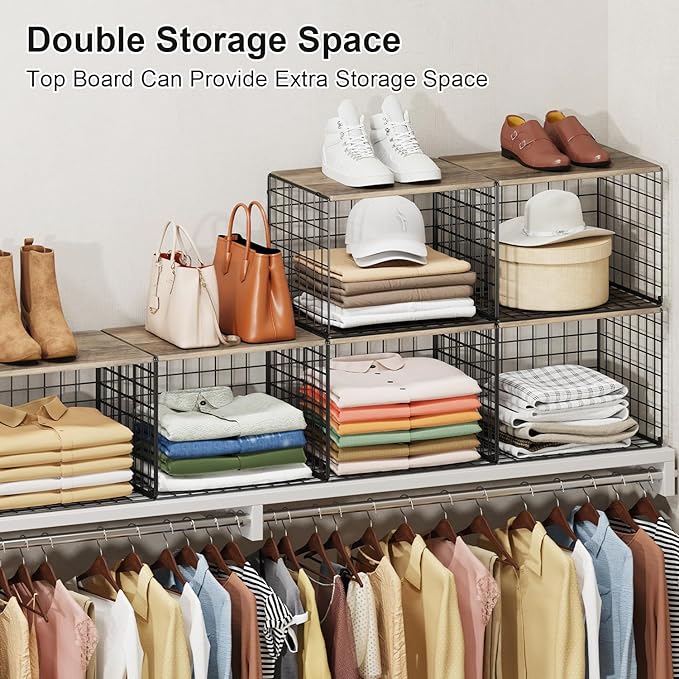 6 Pack Closet Organizers And Storage, Stackable Closet Shelf Organizer Storage Bin Basket For Clothes Sweaters With Top Board, Widened Opening, Heightened Height, Large Capacity, Sturdy, Space-saver