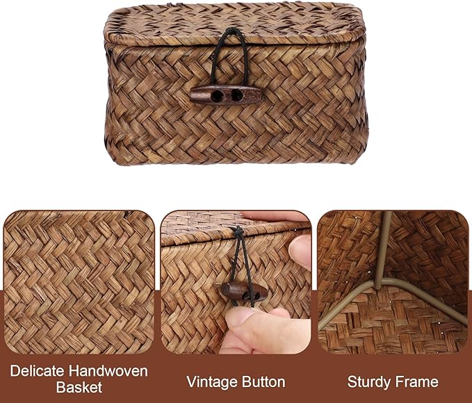 Seagrass Basket Bin with Lid Mini Size Handwoven Wicker Storage Container Storage Basket Decorative Desktop Organizer for Shelf Bathroom Home Decor, 4.3"x2.5"x2.1"