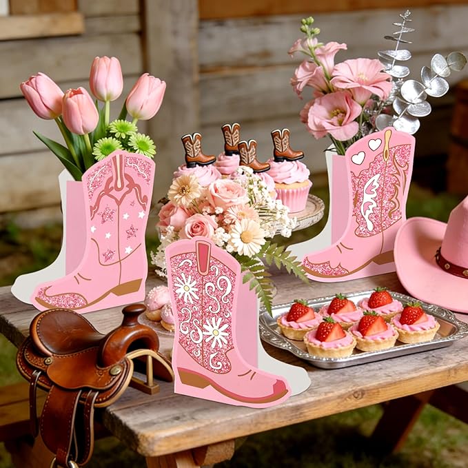 JeVenis 12 PCS Western Cowgirl Boots Flower Boxes Centerpiece Boot Shape Gift Boxes Party Decoration Vase Pink Centerpieces Boot Rodeo Birthday Baby Shower Wedding Supplies