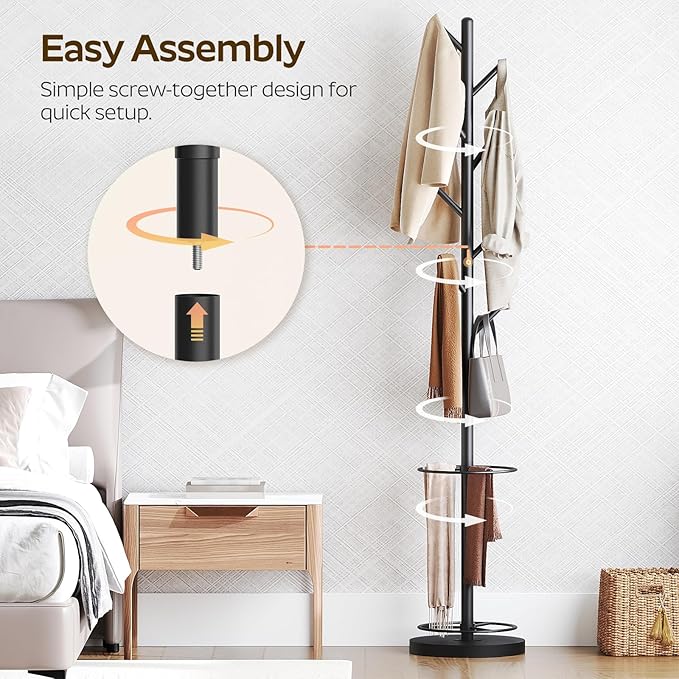 Coat Rack Freestanding, Coat Rack Stand with Umbrella Holder, Heavy Duty Coat Tree for Entryway, Modern Clothing Rack for Hats, Bags, Metal Coat Hanger Stand for Bedroom, Office, Black YM03BB