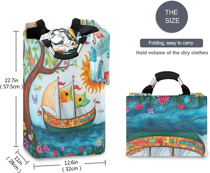 xigua Sun and Ship Large Laundry Hamper with Handle, Foldable Clothes Hamper Collapsible Storage Basket for Toys and Clothes Organization in Bedroom, Bathroom, and Laundry Room