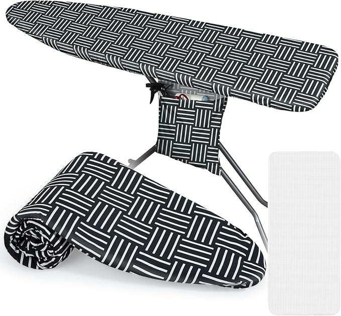 FIOBEE Ironing Board Cover and Pad Extra Thick Iron Board Pad with Heat-Resistant Mesh Padded Iron Board Covers Adjustable Buckle & Elastic Edges for 15x54 Standard Size Ironing Board, Black Stripe