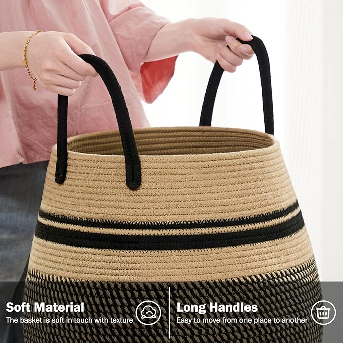 Fiona's magic 65L Cotton Rope Laundry Hamper, Large Woven Tall Laundry Basket for Storage Clothes and Toy in Bedroom, Living Room Organizing, Collapsible, Brown & Black