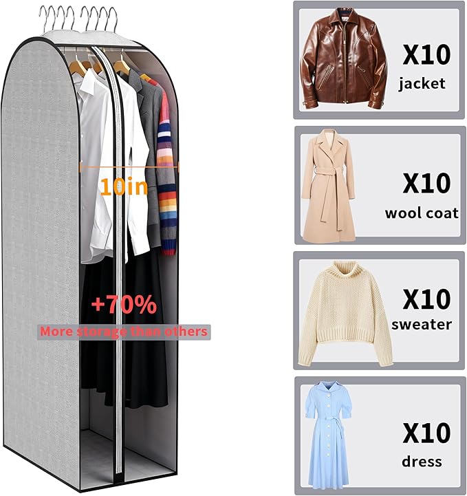 3 Pcs 10" Gusseted Garment Bags, 40" & 50" PEVA Moth-Proof Breathable Dust Cover,Garment Bags,Hanging Clothes Covers with Bedroom, Suits, Padded Clothes, Shirts Prevent Dust