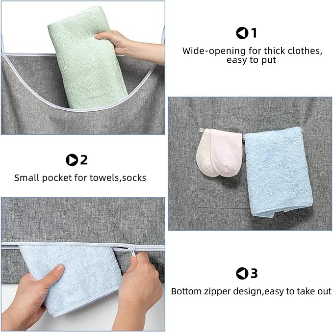 X-Large Hanging Laundry Hamper Bag, Door Hanging Hamper with Front Pocket Dirty Clothes Hanging Laundry Bag Large Size 35X22 inch Door Laundry Basket (Grey)