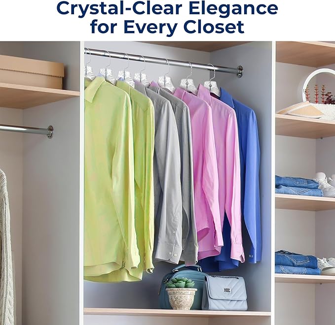 SereneLife 24 Pack Transparent Plastic Hangers, Crystal Clear, Non-Slip with Notched Shoulders, Ultra-Thin Space Saving, Closet & Retail Use, with Swivel Hook for Clothes, Shirts, Dresses, Jackets