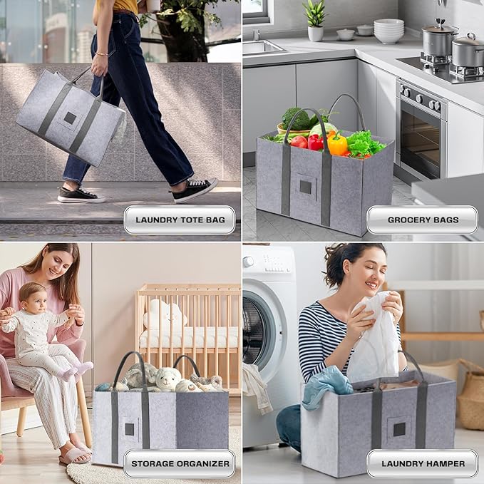 Large Laundry Tote 55L, 2 Pack Fabric Laundry Baskets with Handles, Woolen Clothes Hampers for Dorm, Laundry, Grocery, Traveling, Camping, Shopping, Versatile Storage Solutions (Light Grey)