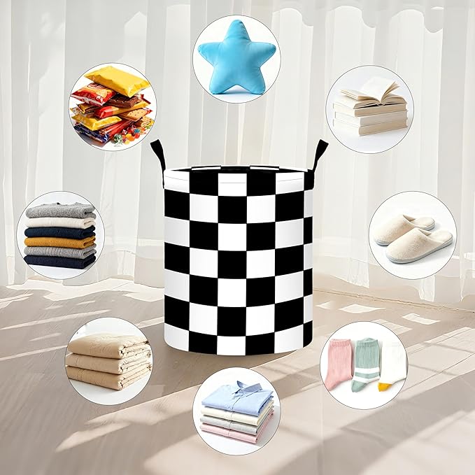 Black White Checkered Laundry Basket Storage Bin Foldable Laundry Hamper Clothes Storage Bucket Organizer 19.6x15.7 Inch For Laundry Room/Bedroom/Bathroom