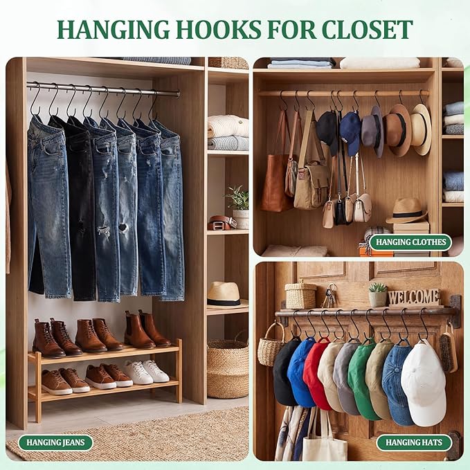 12 Pack 6 Inch Black S Hooks for Hanging Pots and Pans, Vinyl Coated Metal Kitchen Pot Rack Hooks Heavy Duty Hangers for Closet Jeans Utensils Coffee Mugs Plants