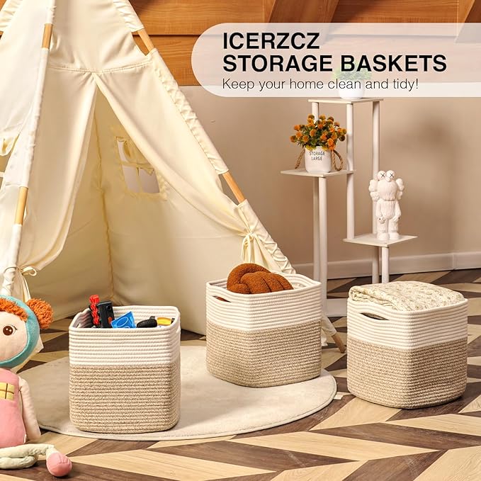 13 Inch Cube Closet Storage Bins, Woven Cotton Rope Organizer Baskets for Organizing & Shelves, Books, Towels, Clothes, Toys, 13x13x13 in, Off White & Brown (Pack of 3)