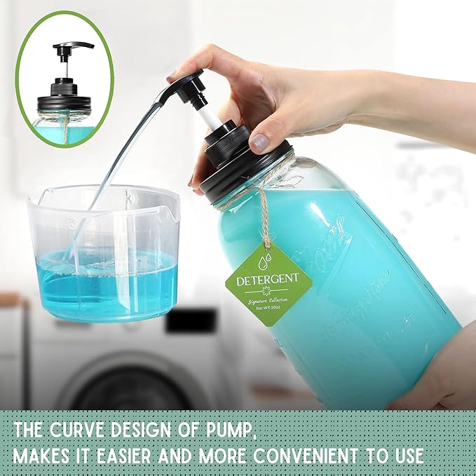 Glass Laundry Detergent Dispenser, Besuerte Set of 2 Laundry Detergent Containers, Refillable & Reusable 50oz Mason Jar Style Glass Soap Dispenser with Pump and Hanging Tags