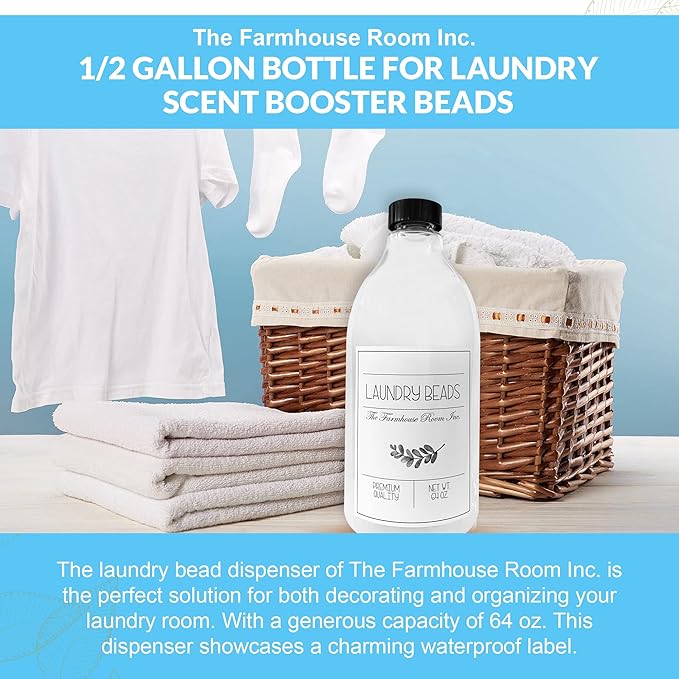 Laundry Beads Dispenser Bottle - Scent Beads Container for Laundry Room Organization - 1/2 Gallon BPA Free & PET Plastic Bottle for Laundry Beads with Waterproof Label - 64 oz