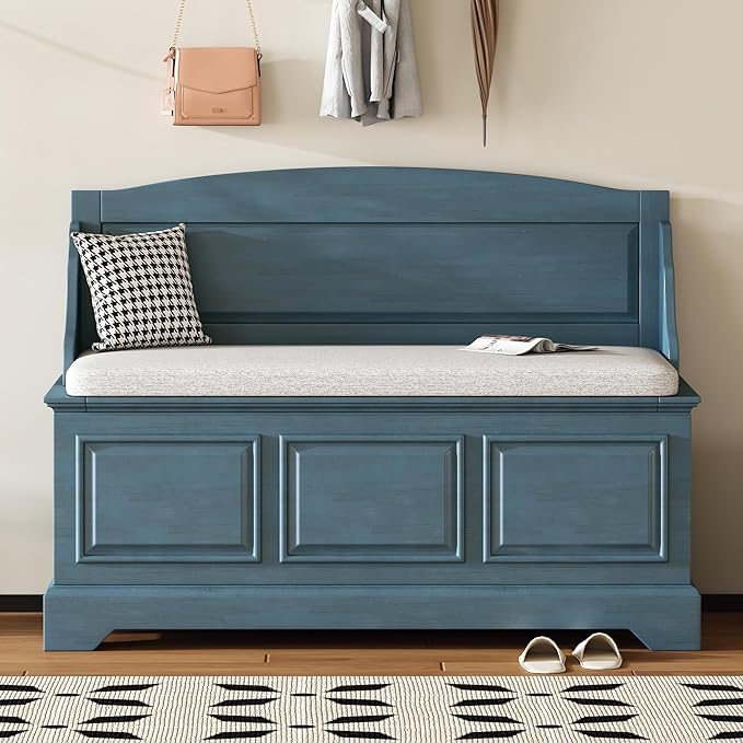 LUMISOL Shoe Storage Bench with Cushion, Farmhouse Entryway Bench with Soft-Close Devices and Hidden Storage, Upholstered Storage Ottoman for Living Room, Entryway, Bedroom, Antique Navy