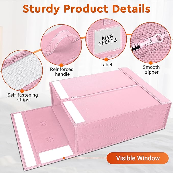 4 Pack Bed Sheet Closet Organizers and Storage,Sturdy Foldable Storage Containers with Window and Label,Storage and Organization for Bedding Sheets,Duvet Covers,Blankets (Pink)