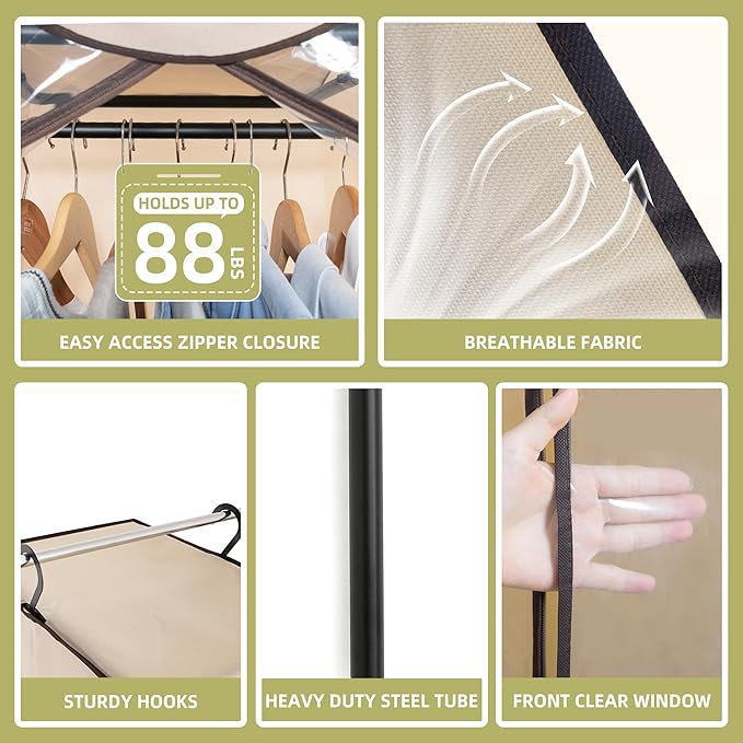 Garment Bags for Hanging Clothes Storage, Long Garment Cover with Zippered Clear Window for Closet Wardrobe Clothes Rack Organizer, Hanging Garment Bags for Dresses, Suits, 2 Pack, Beige