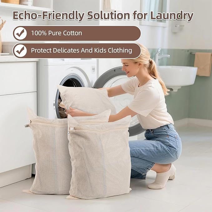 100% Cotton Mesh Laundry Bags, Premium Soft, No Dye, Natual,Set of 3(XXL)