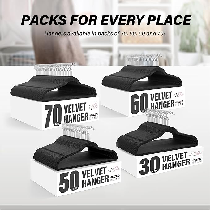Simple Deluxe Velvet Hangers 50 Pack, Space Saving Heavy Duty Clothes Hangers, Non-Slip Closet Hanger for Coat, Sweater, Suit and Shirt with Shoulder Notches, 360° Swivel Hooks, Black