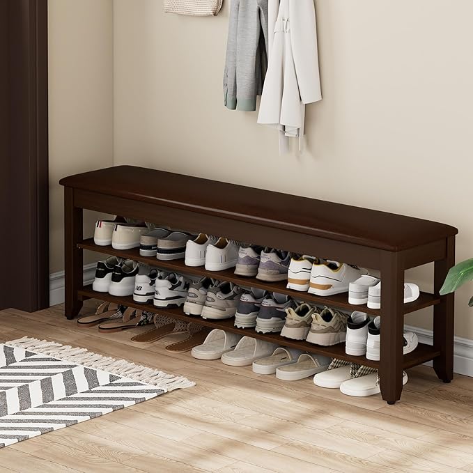 Shoe Rack Bench with Flip-Top Storage, Solid Wood Entryway Bench with Cushion, Adjustable Shelf, for Hallway, Mudroom, Closet – Walnut, 47.2"
