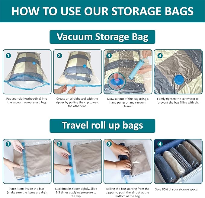 30 Pack Space Saver Bags (6 Jumbo/6 Large/6 Medium/6 Small/6 Roll) Compression Storage Bags for Comforters and Blankets, Vacuum Sealer Bags for Clothes Storage, Hand Pump Included