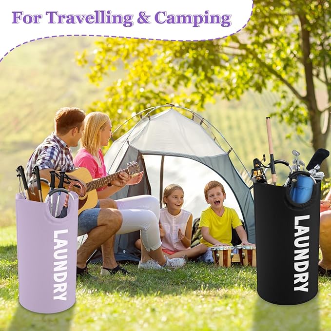 Set of 2 Collapsible Laundry Baskets with Aluminum Handles, 95L Large Laundry Baskets in 600D Oxford Fabric, Portable Dirty Clothes Hampers for Bedroom, Travel, Black + Purple