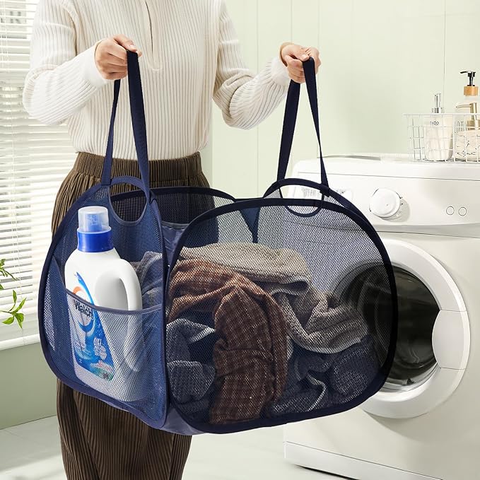TECHMILLY Collapsible Mesh Pop Up Laundry Hamper with Strong Handles, Large Opening Clothes Hamper with Side Pockets, Storage Baskets for Dorm, Laundry Room, Bathroom or Travel (Blue, 90L)