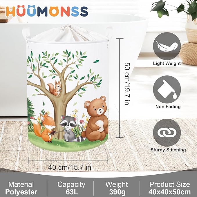 Forest Animals Laundry Hamper Woodland Tree Large Storage Basket Parents Organizer Kids Clothes Toy Bins for Bedroom, Bathroom, Bear, 63L