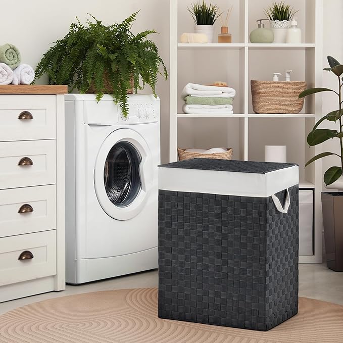 YOUDENOVA Handwoven Laundry Basket Hamper with Removable Liner Bag and Lid, Collapsible Clothes Hamper with Handle, Black