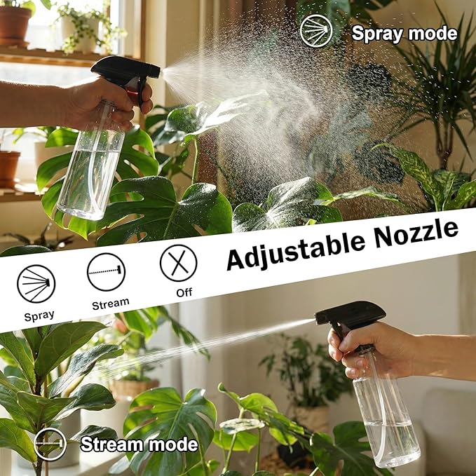 Spray Bottles 12oz/350ml Empty Spray Bottle for Hair Plastic Mist/Stream Spraying Heavy Duty Spray Bottles for Cleaning Solutions, Plants 2 Pack (BlackClear2pcs)