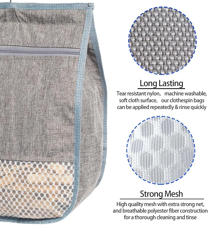 Laundry Clothespin Bag for Clothesline Outdoor, Clothes pin Bag with Zipper Closure, Large Opening, Large-Capacity Clothespin Storage Organizer with Hooks, Use YKK Zipper（Grey