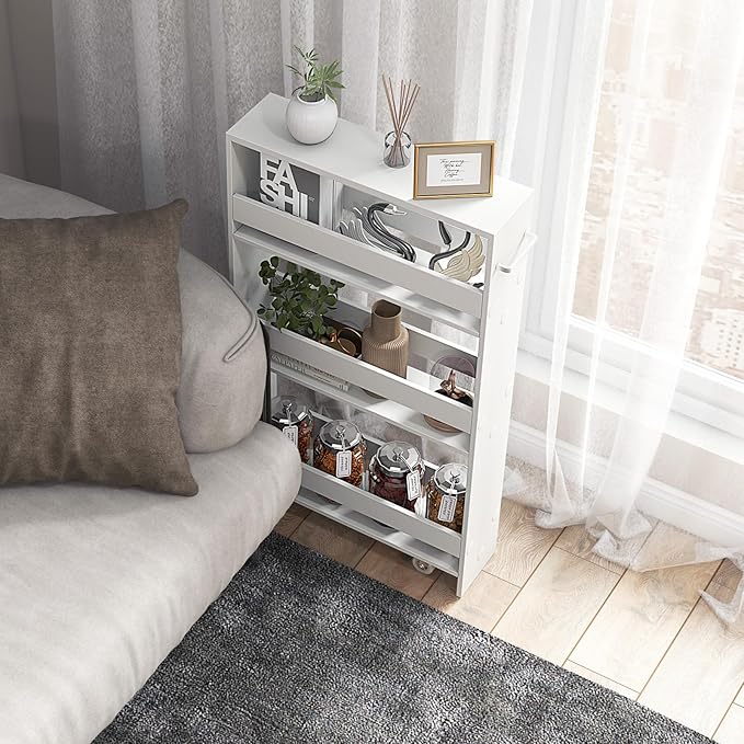 4-Tier Slim Rolling Storage Cart, Wooden Kitchen Utility Cart with Wheels & Handle, Space Saving Trolley, Slide Out Shelving Unit for Narrow Spaces, Laundry, Bathroom (White)