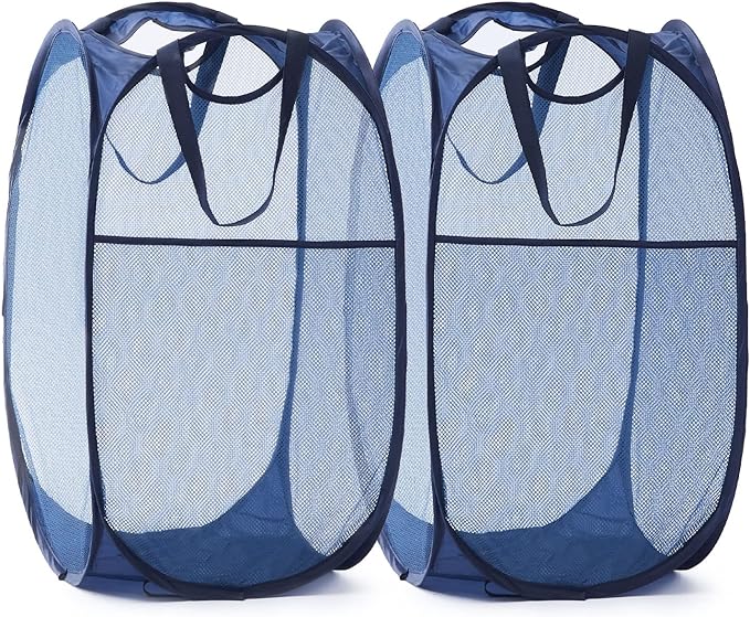 TECHMILLY Collapsible Mesh Pop Up Laundry Hamper with Sturdy Handles and Side Pocket - Portable Foldable Clothes Baskets for Dorm, Bathroom & Travel Storage (Blue, 2 Packs)