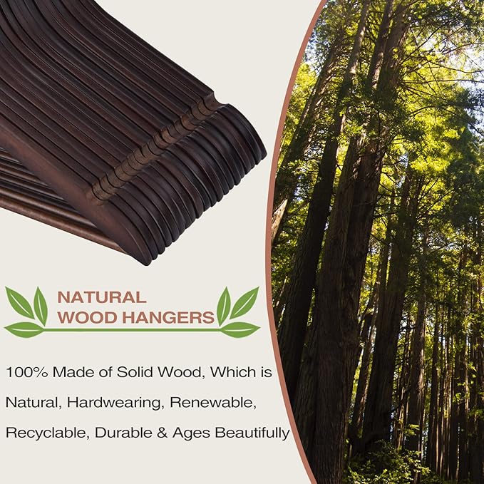 FairyHaus Wood Hangers 30 Pack, Smooth Finish Wooden Coat Suit Hangers with 360° Swivel Hook and Notches, Lightweight Walnut Wood Clothes Hangers for Camisole, Pants, Dress
