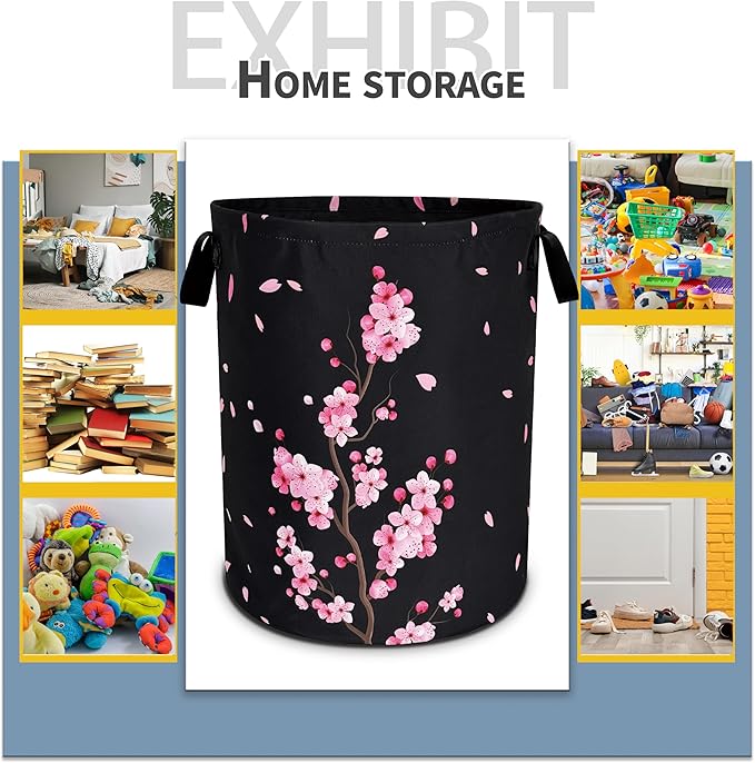 Pink Cherry Blossoms Laundry Basket Flowers Foldable Oxford Cloth Funny Tote Bag Laundry Hamper Clothes Storage Bucket Toy Organizer For Bathroom/Laundry Storage/Bedroom 18.9x16.5 Inch