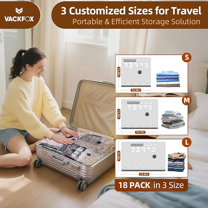 18 Pack Travel Vacuum Bags for Clothing with Electric Pump, Compression Seal Packing Cubes for Luggage Suitcase Backpack, Carry-on Size Space Saver Storage Bags for Vacation Cruise