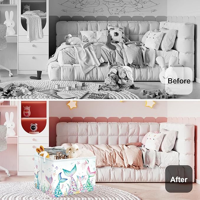 Fantasy Princess Laundry Hamper Colorful Large Storage Basket Collapsible Parents Organizer Kids Toy Clothes Bins for Bedroom, Bathroom, Mermaid, 36L