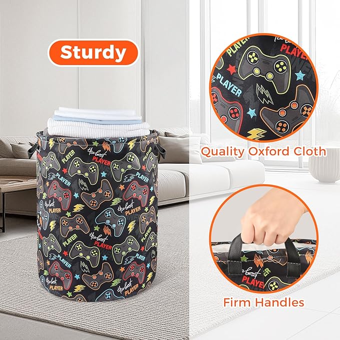 Game Laundry Basket for Boys Room Decor Folding Kids Laundry Hamper for Bedroom Gaming Toy Bin Baby Nursery Storage Bag for Playroom Bathroom Clothes Organizer for Teen, M