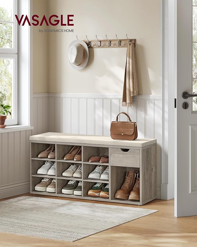 VASAGLE Custos Collection - Storage Bench, Entryway Bench with Cushion, Drawer and Open Compartments, Bench with Storage, Living Room, Bedroom, Closet, Heather Greige and Cappuccino Beige ULHS024K02